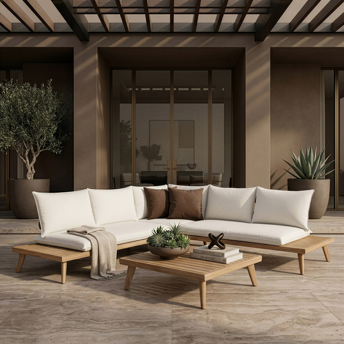Tavira Outdoor Off-White Fabric + Eucalyptus Sectional Sofa + Coffee Table Set