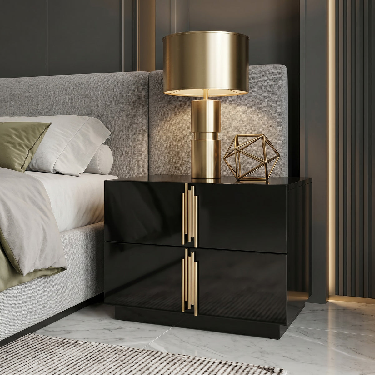 Token Modern Black + Gold Wide Nightstand