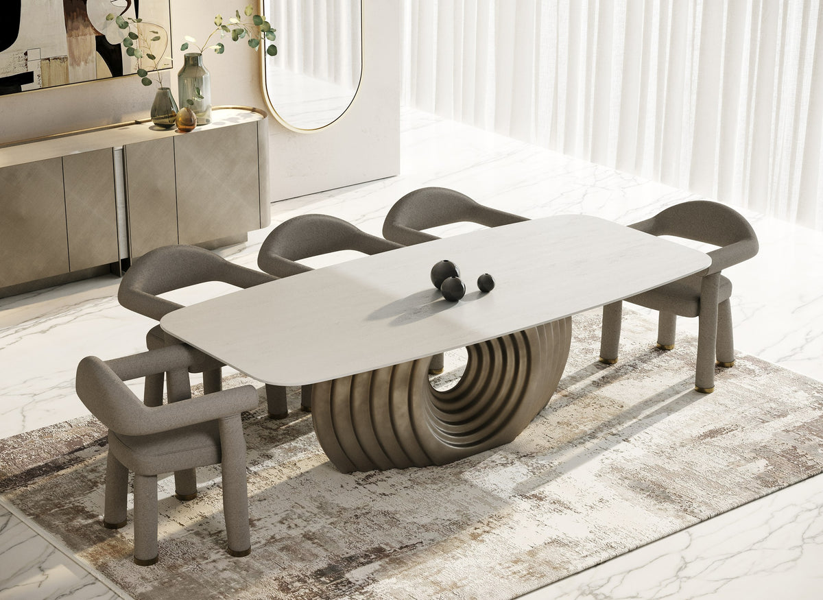 Moorgate Modern Travertine Ceramic + Bronze Dining Table