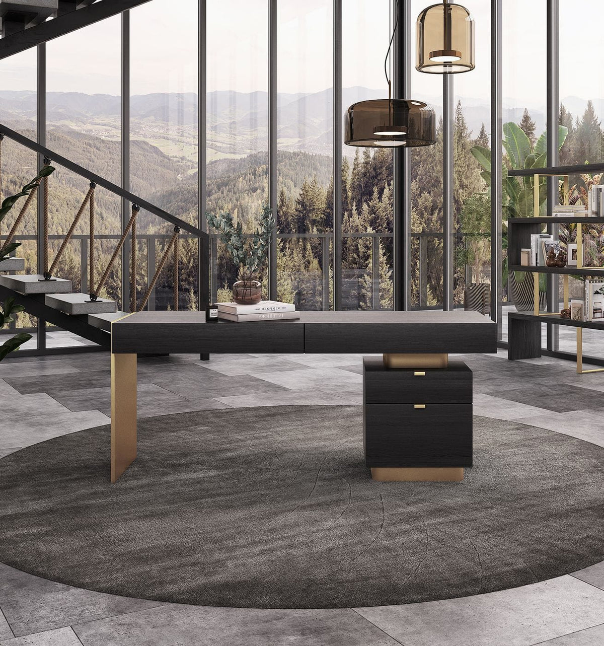 Trahan Modern Grey Elm & Gold Office Desk