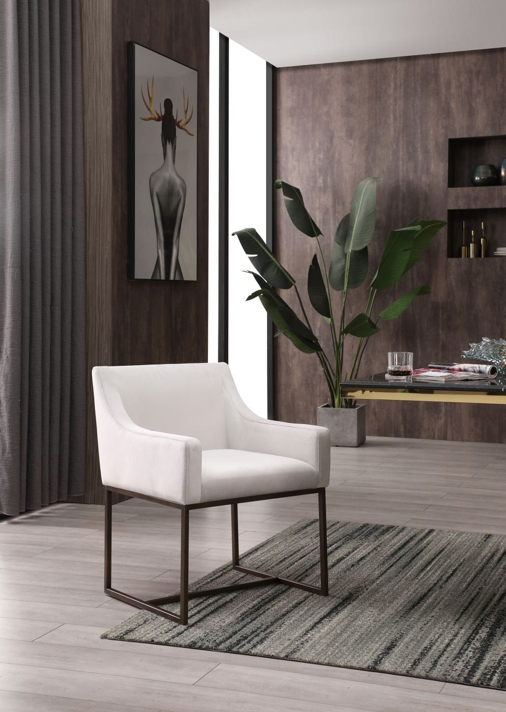 Elijah Modern Off White & Copper Antique Brass Dining Chair