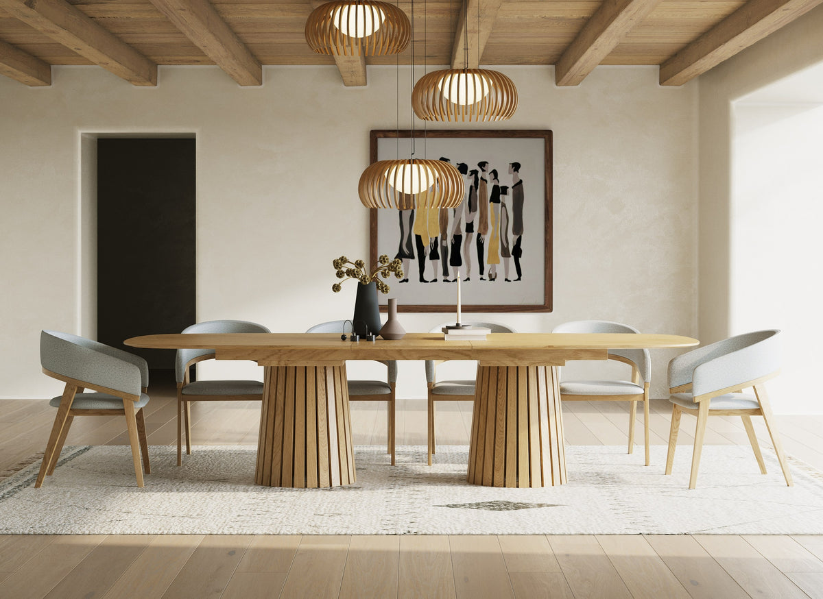 Truman Mid-Century Modern Natural Oak Extendable Dining Table + 6 Chairs Set