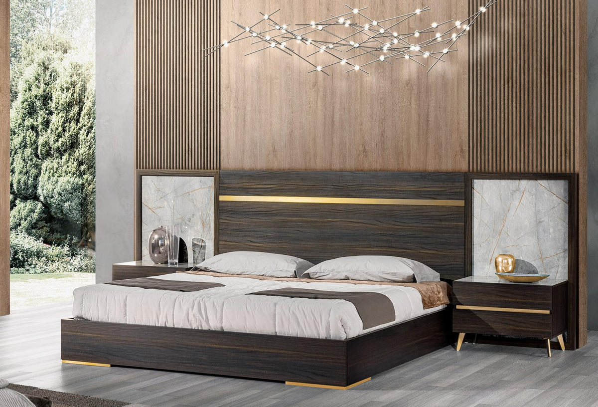 Velondra Eastern King Modern Eucalypto + Marble Bed with Two Nightstands
