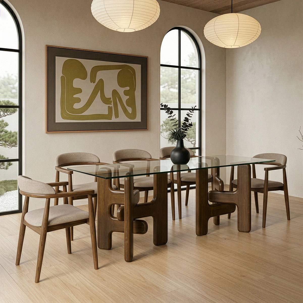 Velshi Modern Glass + Walnut Rectangular Dining Table