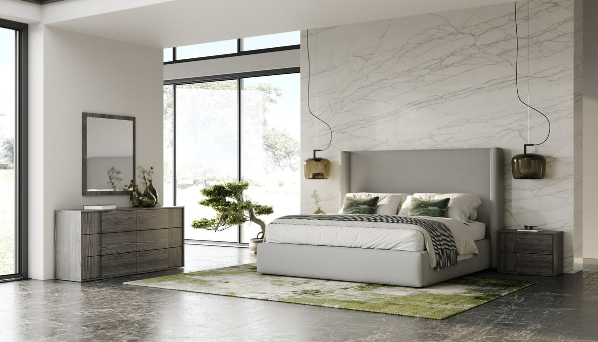 Byrne + Asus Modern Grey Fabric + Elm Grey Bed & 2 Nightstands