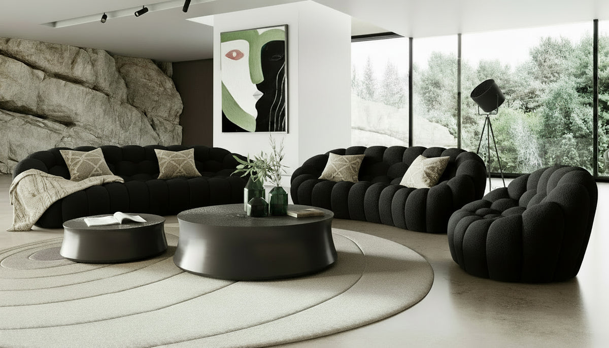 Yolonda Modern Curved Black Fabric Sofa Set