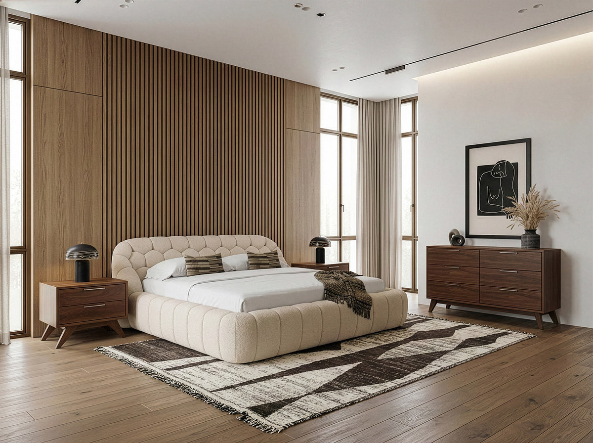 Eastern King Yolonda + Soria Modern Beige Fabric + Walnut 4-Piece Bedroom Set