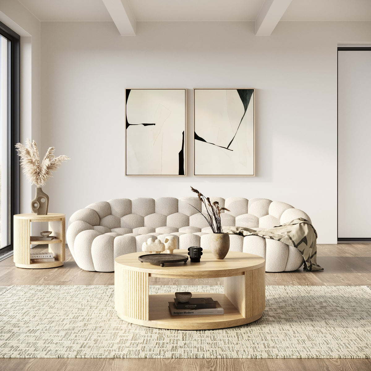 Yolonda Modern Curved Beige Fabric Sofa