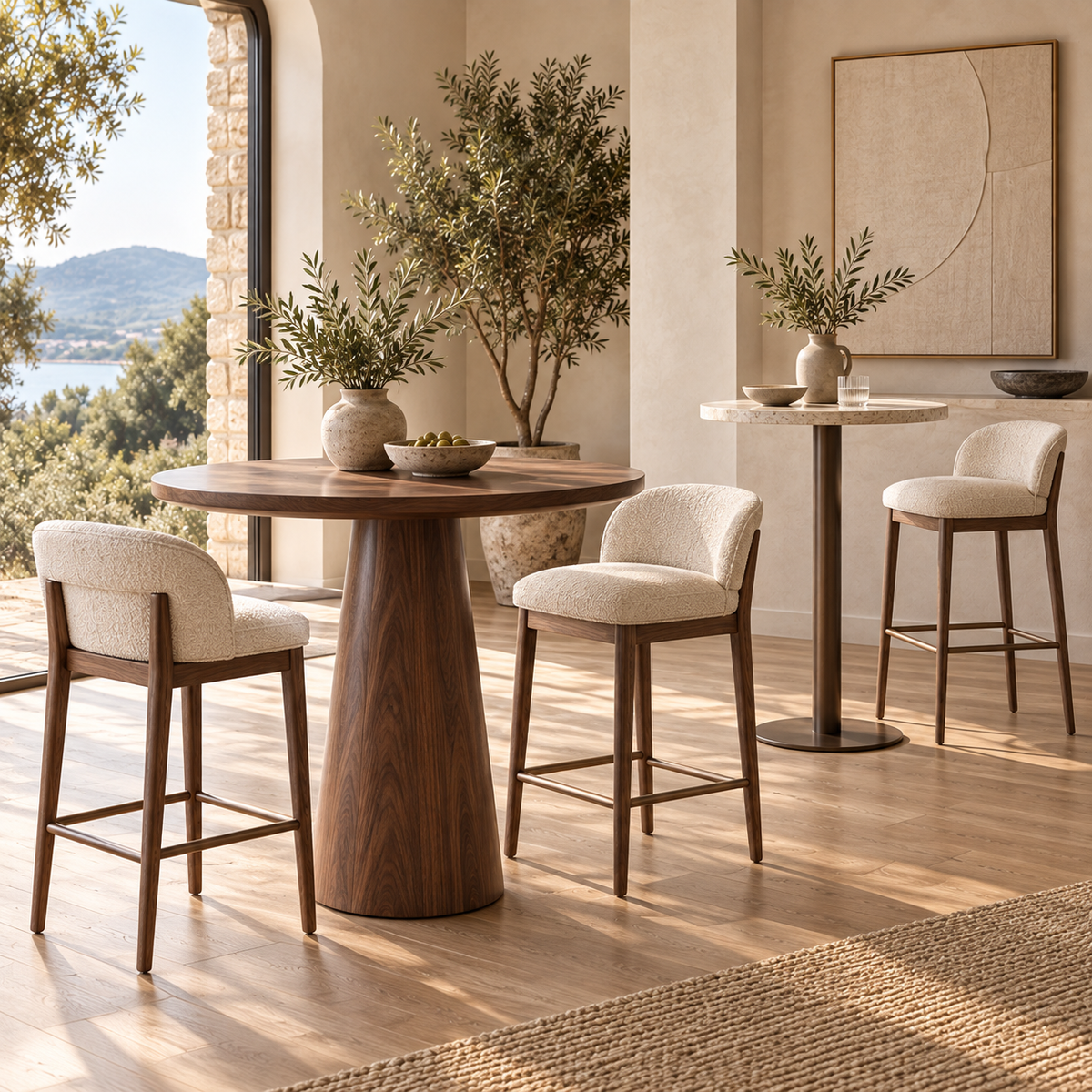 Bar + Counter Tables — contemporary furniture in a warm neutral setting