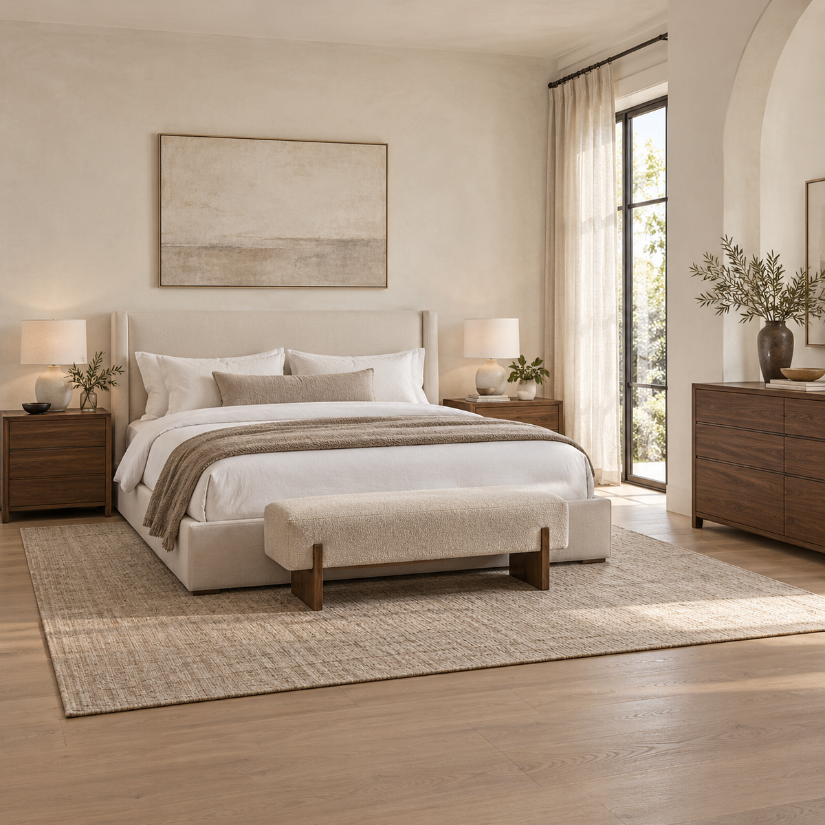 Contemporary bedroom with ivory upholstered bed and walnut nightstands and dresser