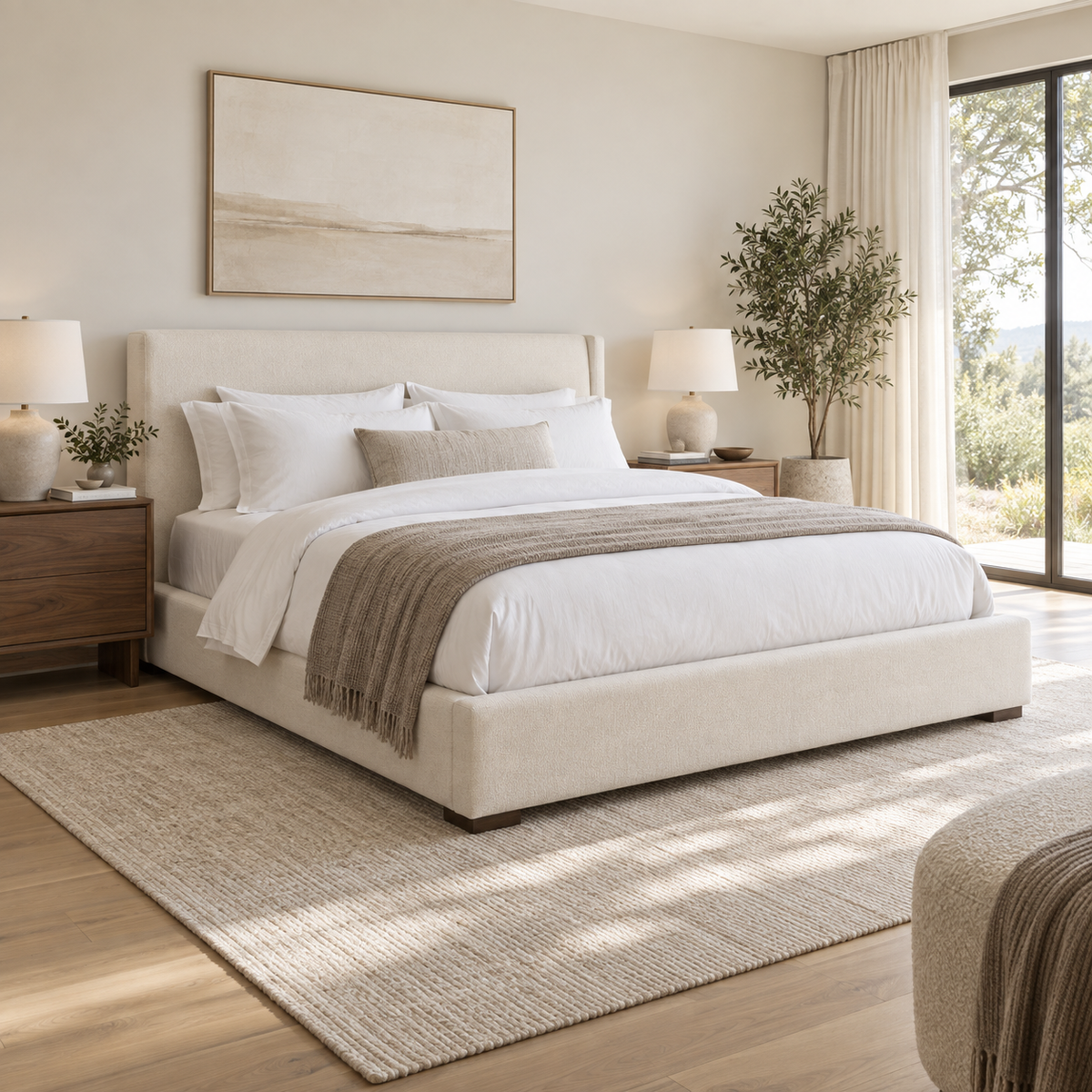 Contemporary beds & accessories in a clean neutral setting