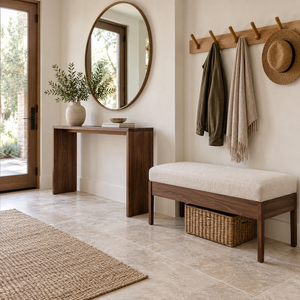 Modern entryway with walnut console, upholstered bench, mirror and coat hooks