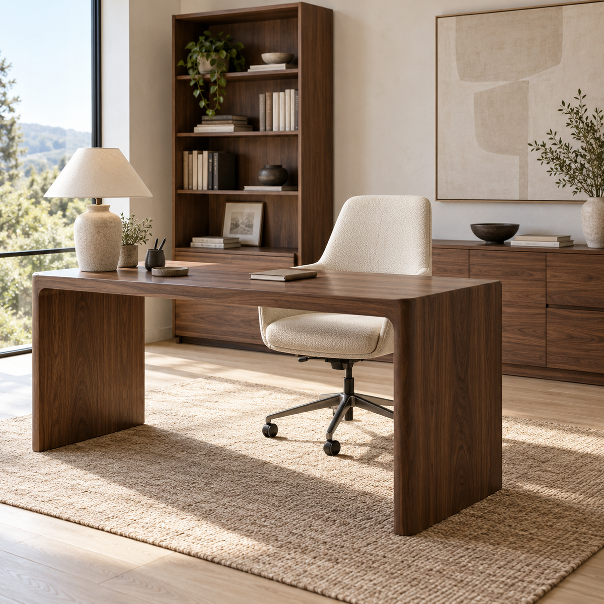 Modern home office with walnut desk, ivory swivel chair and coordinating storage
