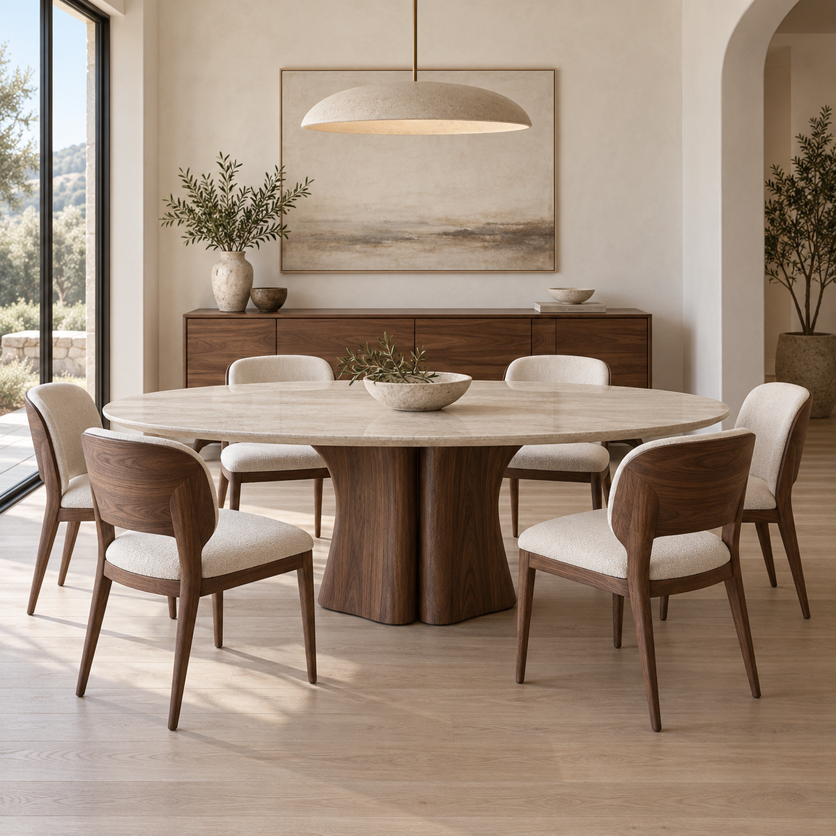 Modern dining room with oval stone table, six upholstered walnut chairs and sideboard