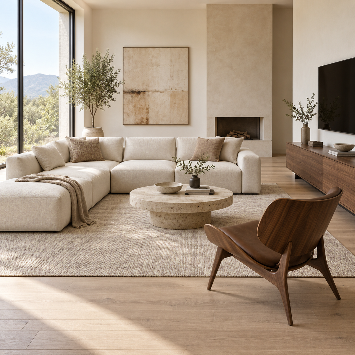 Contemporary living room with ivory sectional, walnut chair and stone coffee table