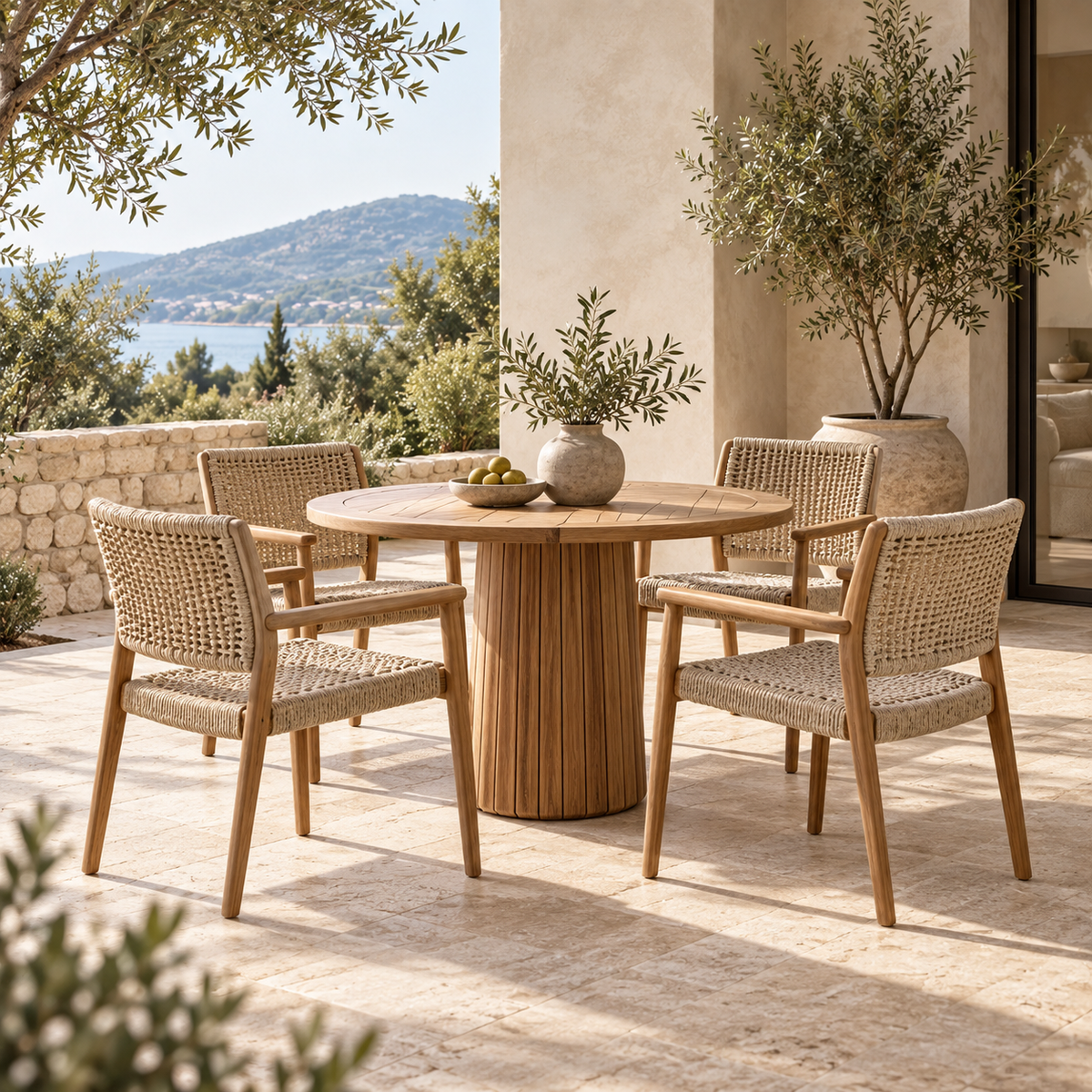 Outdoor Bistro + Dining Sets — contemporary furniture in a warm neutral setting