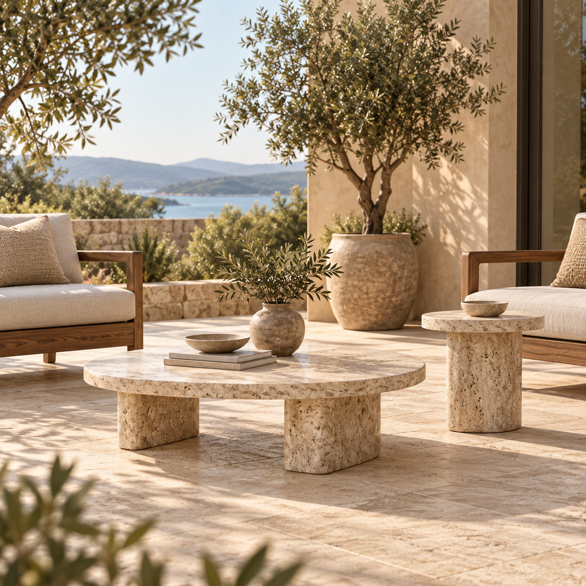 Outdoor Coffee + Accent Tables — contemporary furniture in a warm neutral setting