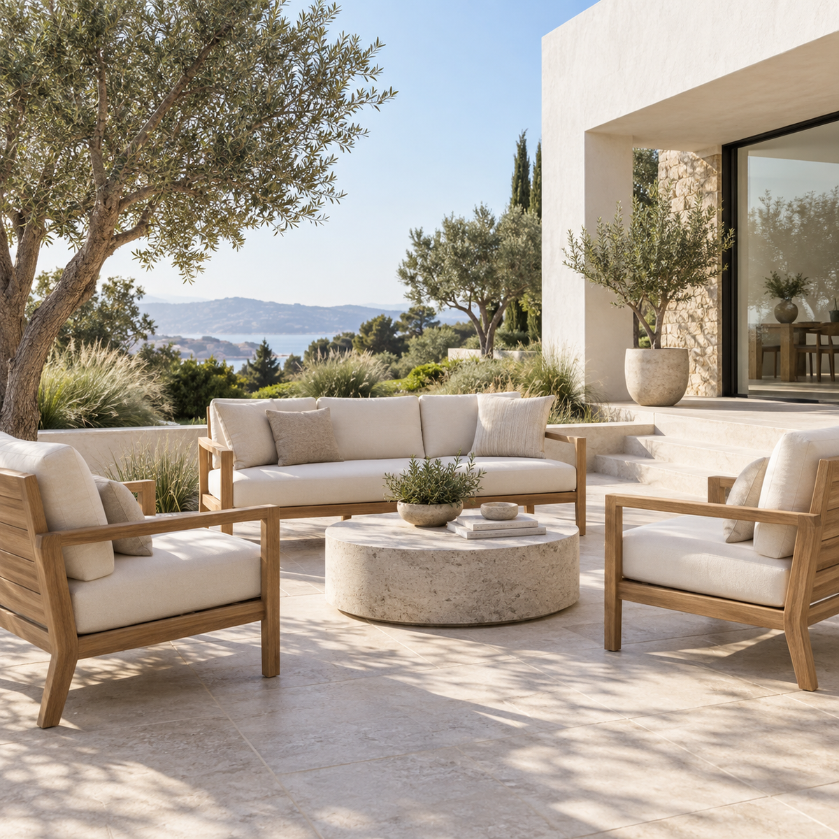Contemporary teak outdoor sofa and lounge chairs on a sunlit stone terrace