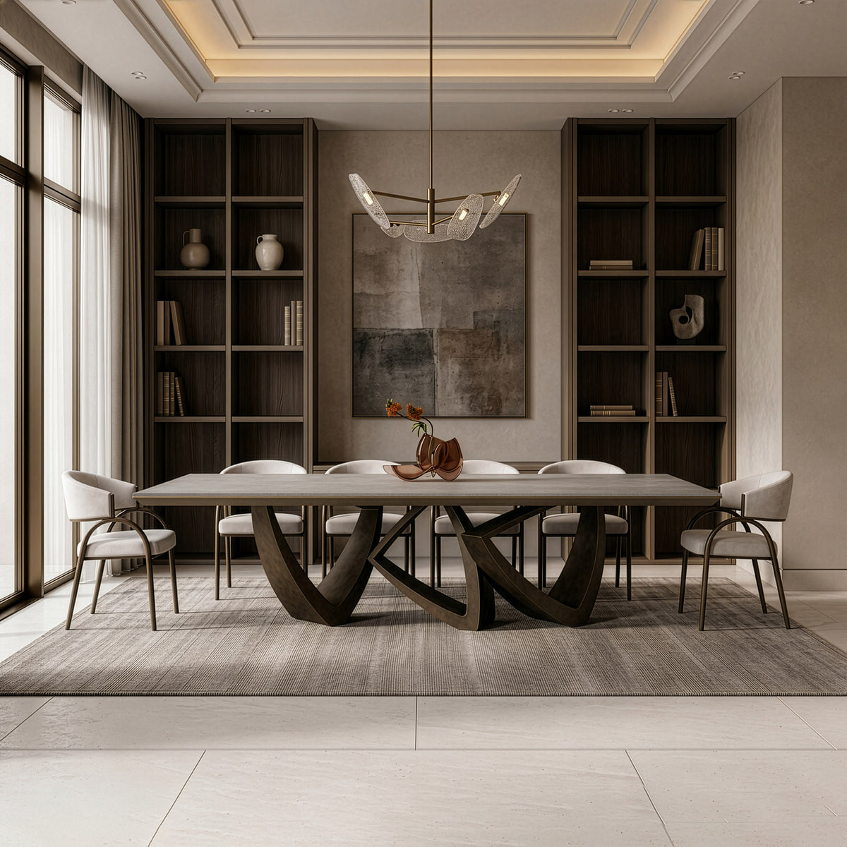 Dollemore Modern Faux Travertine Ceramic + Antique Brass Dining Table