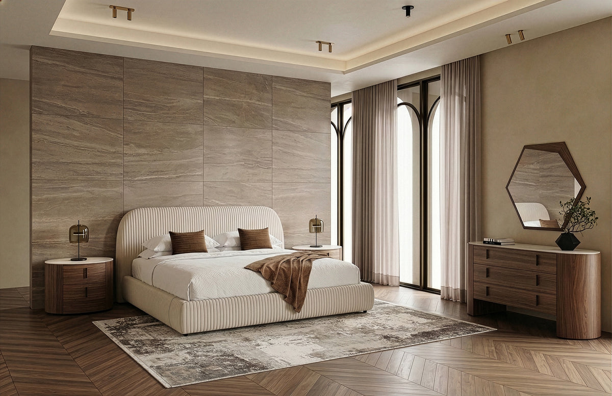Hortman + Chelton Modern Beige Velvet + Walnut 4-Piece Bedroom Set
