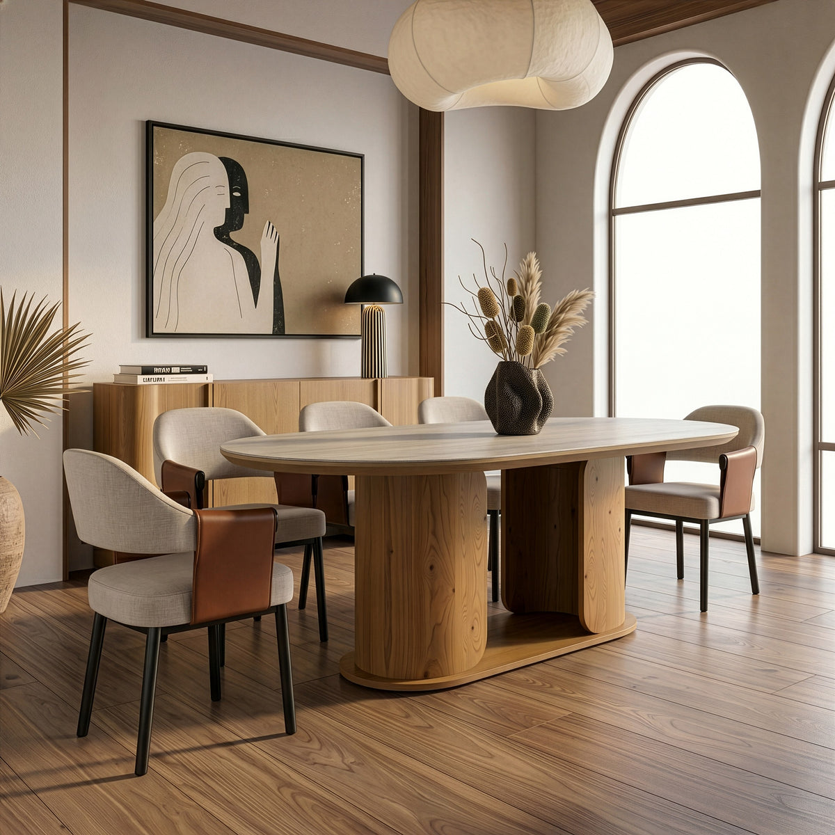 Walbrook Modern Faux Travertine Ceramic + White Oak Oval Dining Table