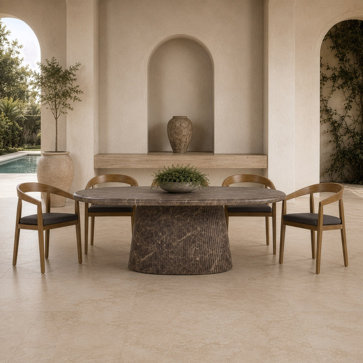 Jaya Modern Faux Marble Concrete Oval Dining Table