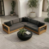 Santorini Outdoor Grey Olefin Fabric + Natural Teak Sectional Sofa