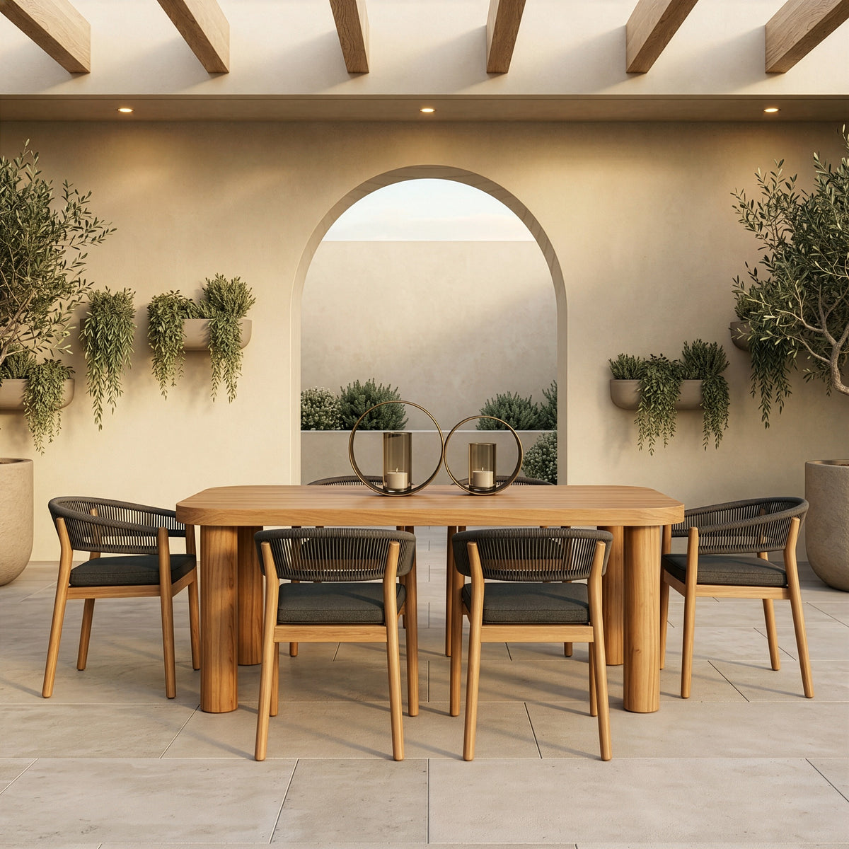 Kamari Outdoor Teak & Grey Olefin Fabric Dining Table Set