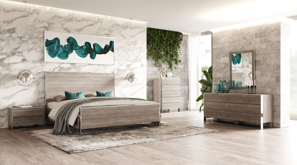 Eastern King Charlene Modern Grey Elm & Stainless Steel 4-Piece Bedroom Set