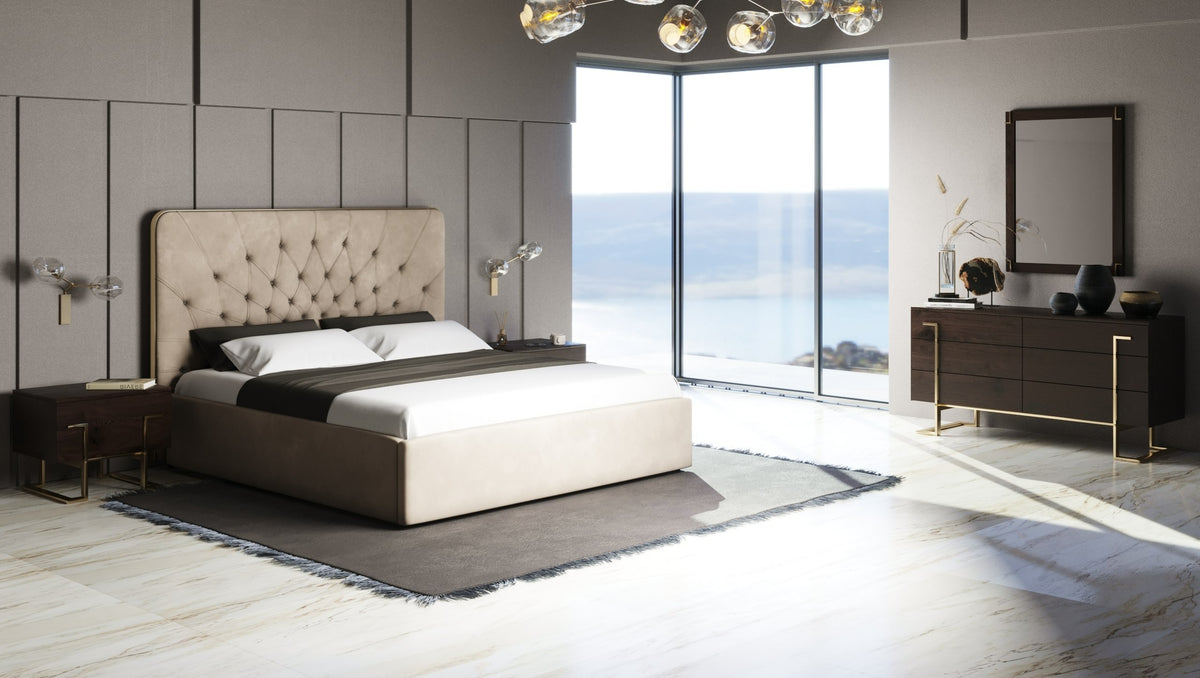 Queen Moontide Glam Beige Velvet and Brushed Brass 4-Piece Bedroom Set