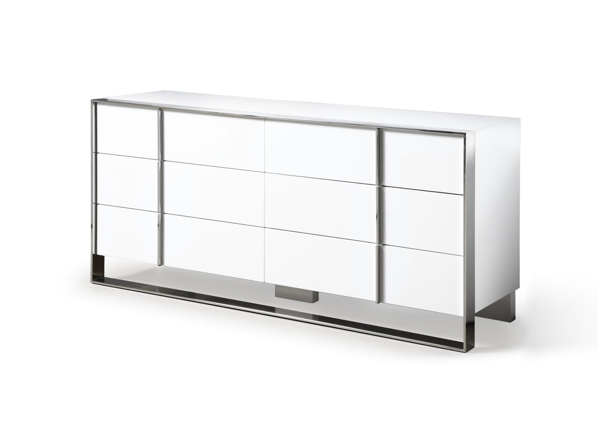 Cartier Modern White Vegan Leather + Stainless Steel 4-Piece Bedroom Set