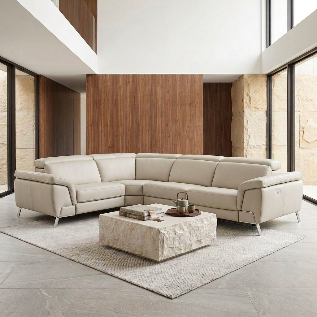 Mini Wonder Italian Modern Grey Leather Sectional Sofa with Right Facing Recliner