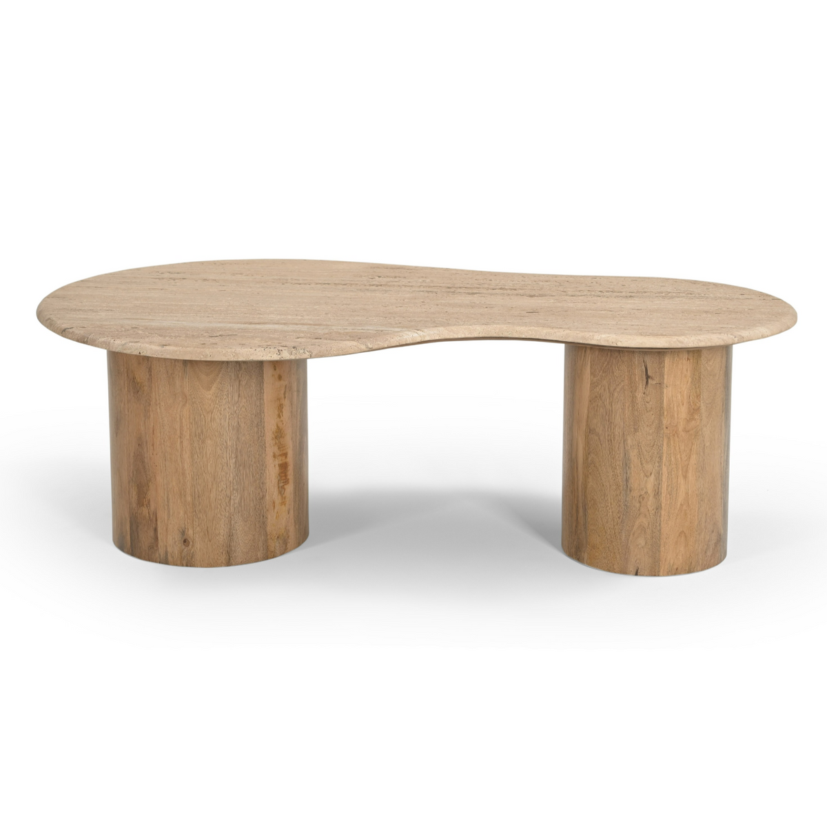 Sanford Modern Travertine Marble + Wood Freeform Coffee Table