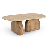 Kellison Modern Travertine Marble + Wood Oval Coffee Table