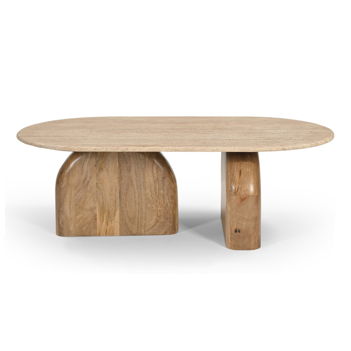 Kellison Modern Travertine Marble + Wood Oval Coffee Table