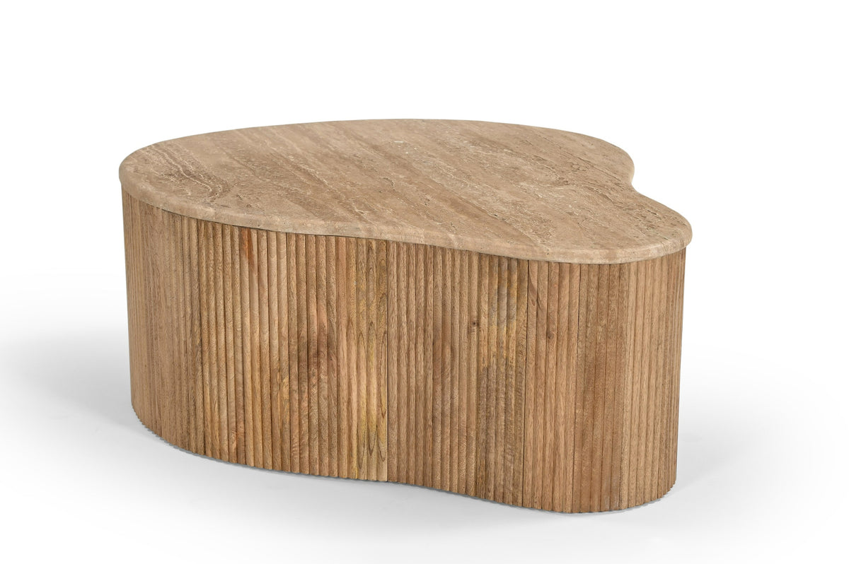 Matador Modern Travertine Marble + Wood Freeform Coffee Table Set