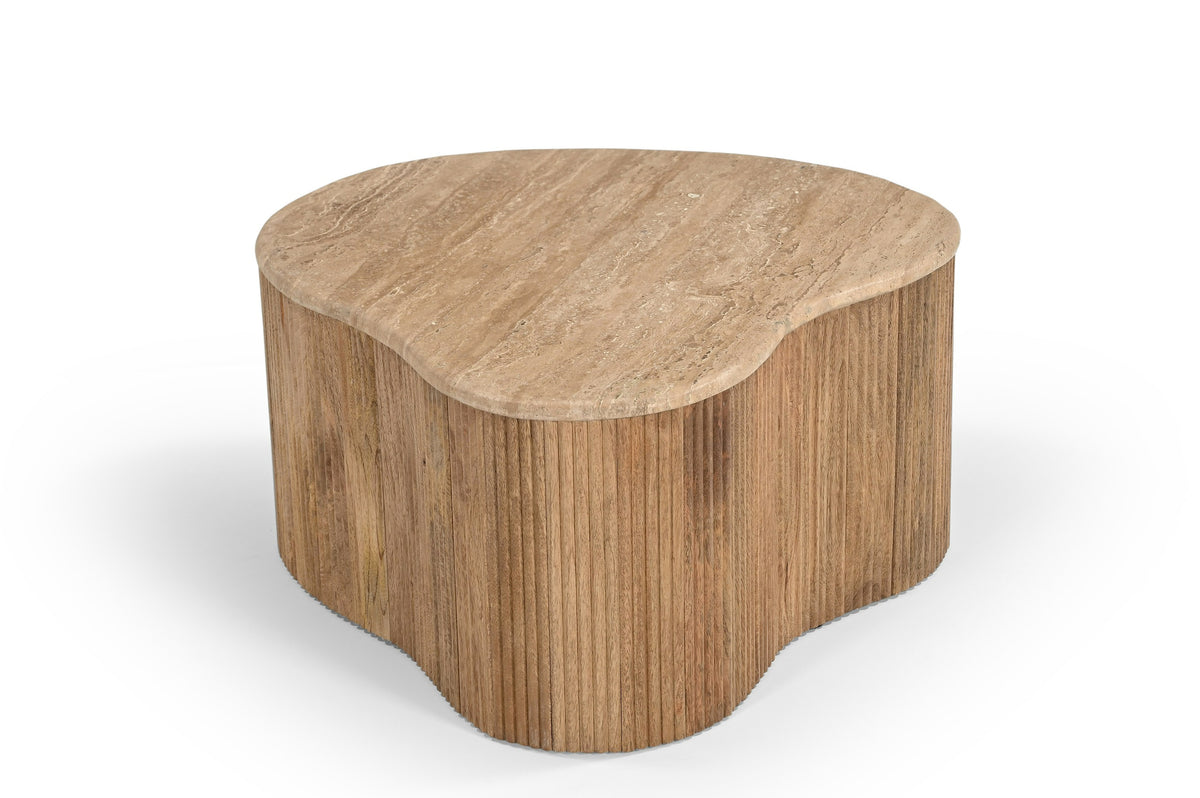 Matador Modern Travertine Marble + Wood Freeform Coffee Table Set