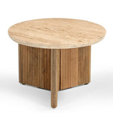 Pawnee Modern Travertine Marble + Wood Round End Table