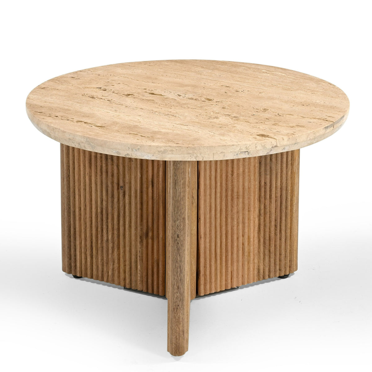 Pawnee Modern Travertine Marble + Wood Round End Table