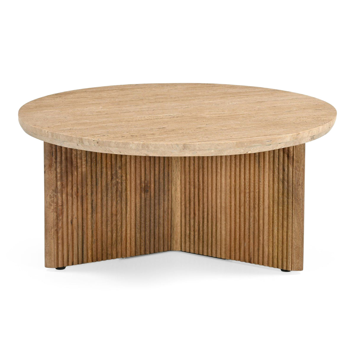 Pawnee Modern Travertine Marble + Wood Round Coffee Table