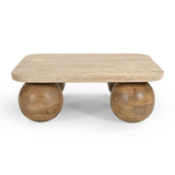 Seadrift Modern Travertine Marble + Wood Square Coffee Table