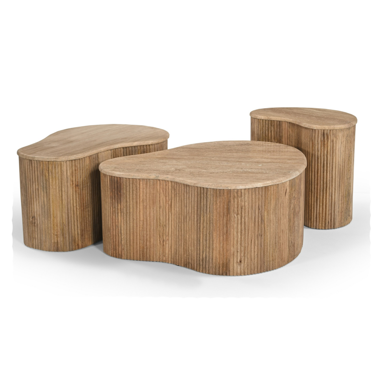Matador Modern Travertine Marble + Wood Freeform Coffee Table Set