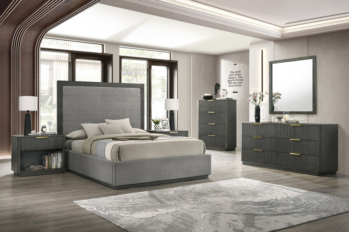 Queen Santa Barbara + Santa Monica Modern Grey Fabric + Grey Wash Bedroom Set