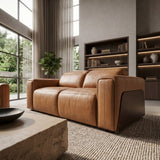 Sandstone Modern Brown Leather Loveseat with 2 Electric Recliners