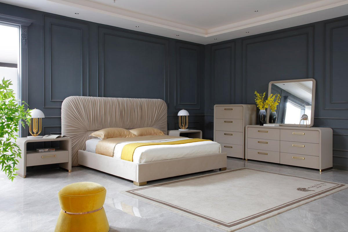 Eastern King Florence Modern Beige Velvet + Shagreen Bedroom Set