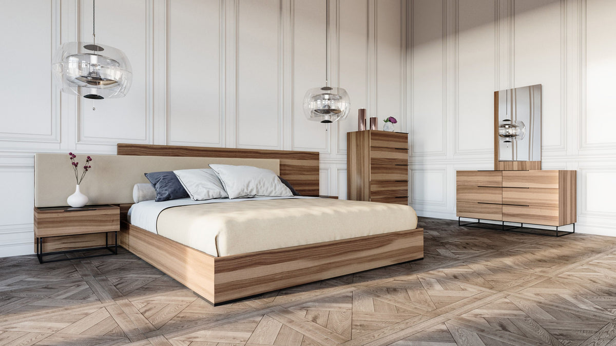 Queen Matteo Italian Modern Walnut & Fabric 4-Piece Bedroom Set