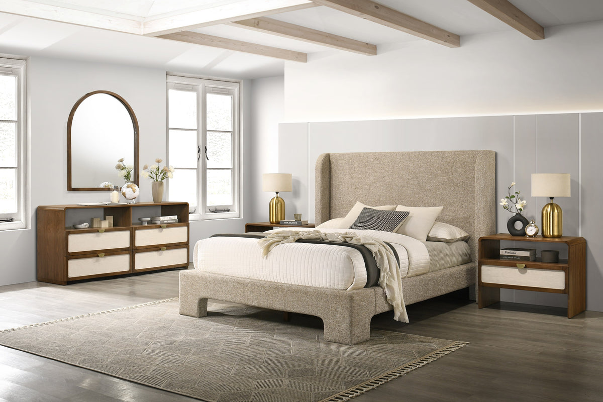 Eastern King Emilio Modern Beige Fabric + Burlap + Walnut 4-Piece Bedroom Set