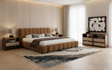 Eastern King Harris + Emilio Modern Brown Fabric + Burlap + Walnut 4-Piece Bedroom Set