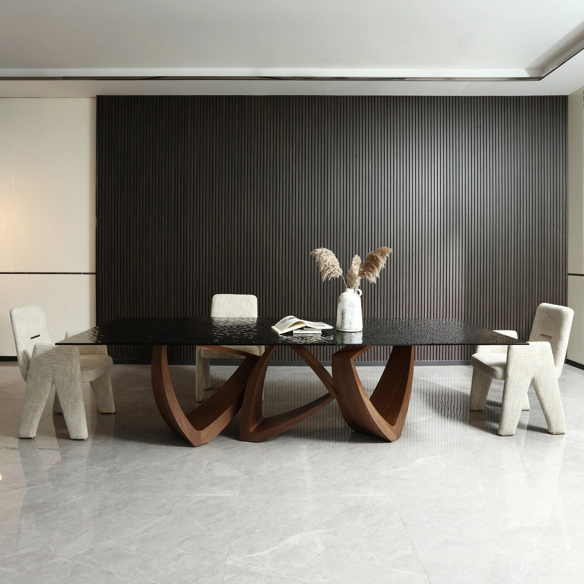 Nouveau Dollemore Modern Brown Wave Glass + Walnut Dining Table