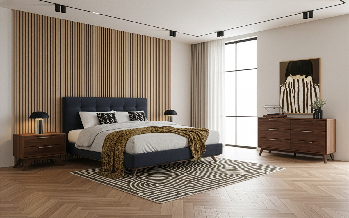 Addison +Soria Mid-Century Modern Grey Fabric + Walnut 4-Piece Bedroom Set